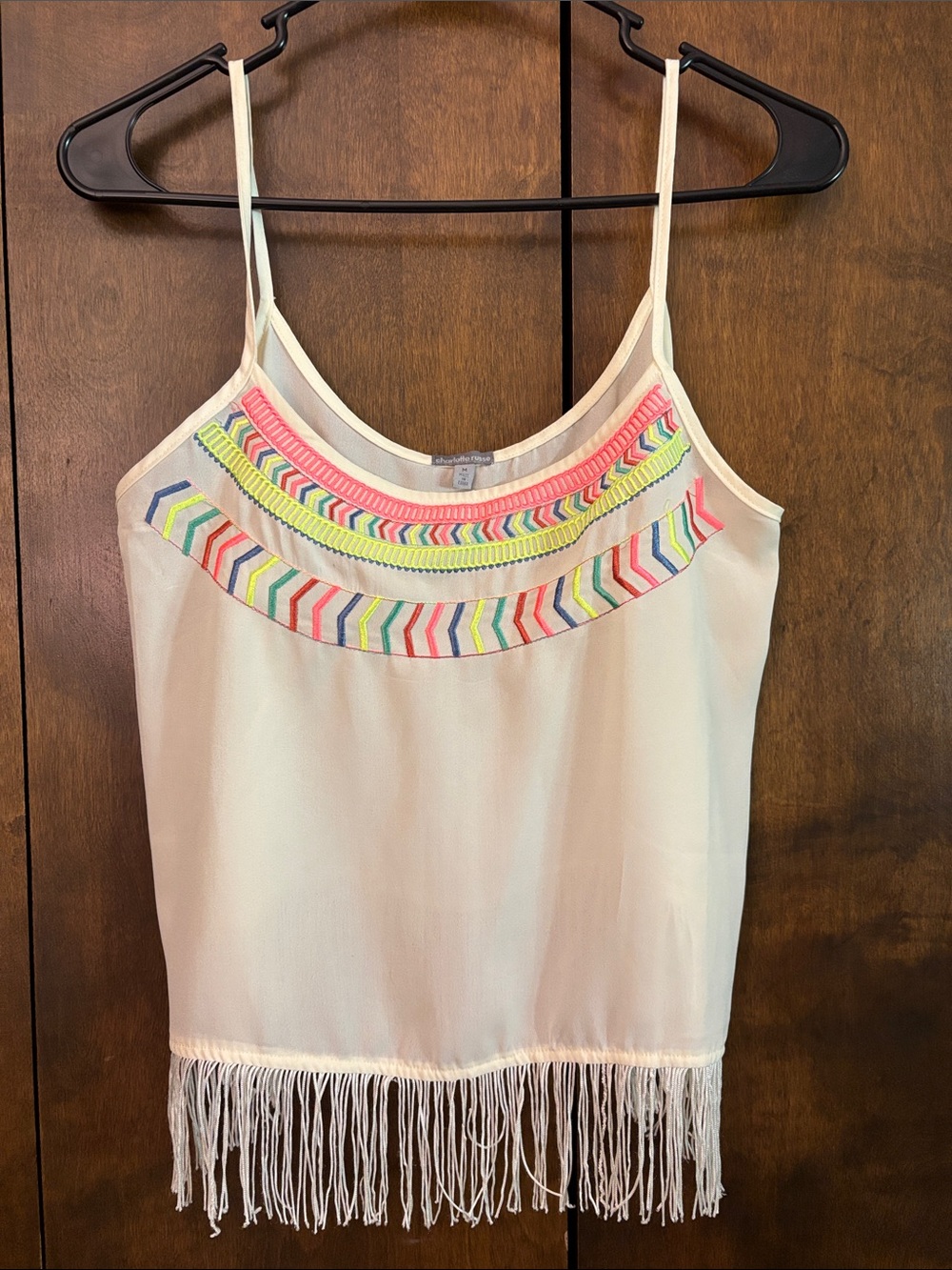 Charlotte Russe Cream Fringe Camisole with Neon Chevron Embroidery